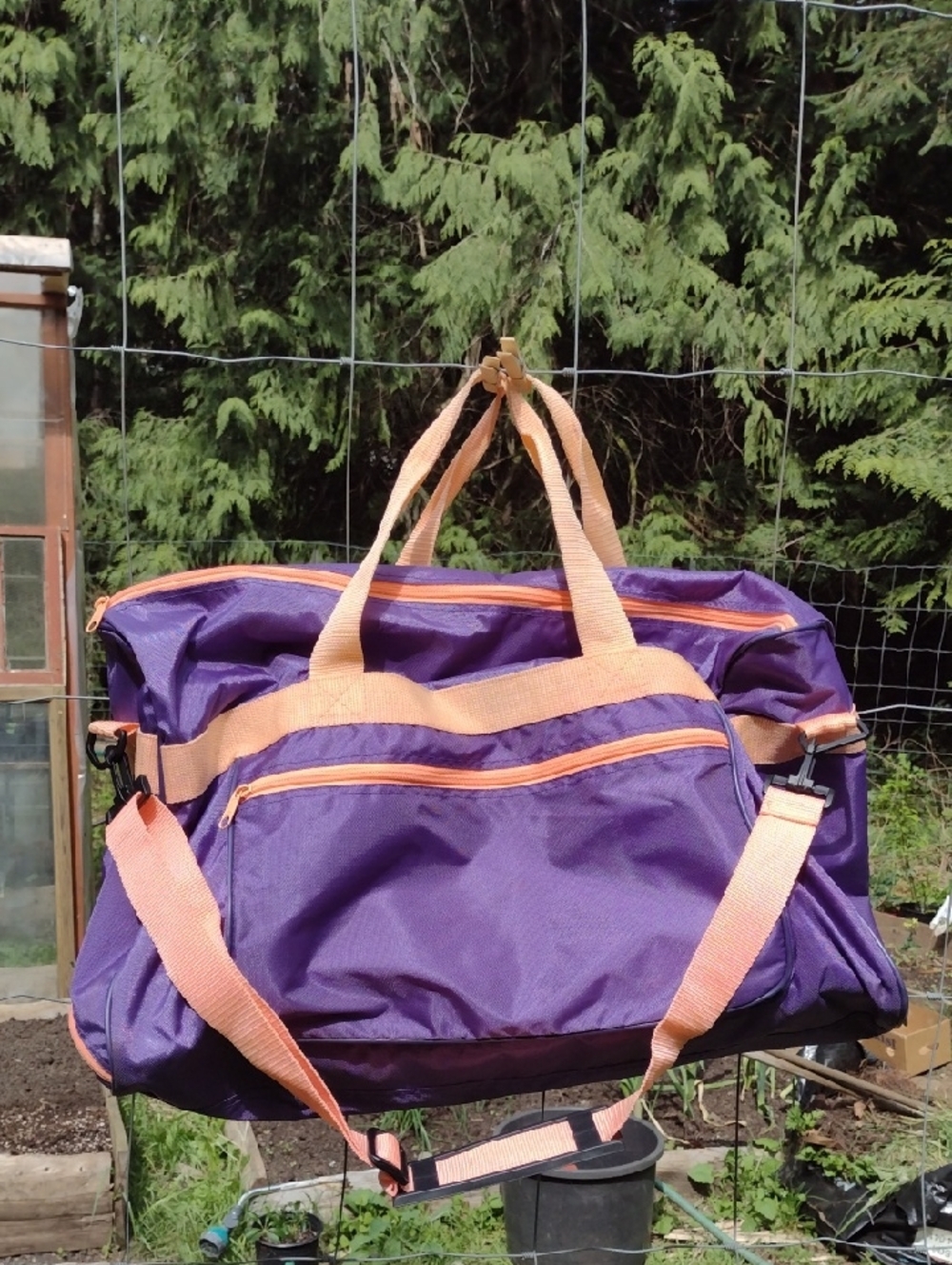 Purple Nylon Duffel Bag with Peach Accents